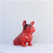 French Bulldog 15cm High 19cm Long White clay Glazed Red Ink Blot