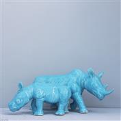 Black Rhino Calf in White Clay glazed Turquoise 21cm Long x 10.5 High x 7cm Wide