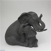 Elephant and Calf 25cm High Terracotta clay Glazed Speckle Black