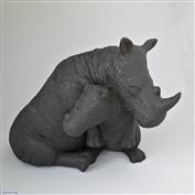Rhino and Calf 32cm Long Terracotta clay Glazed Speckled Black