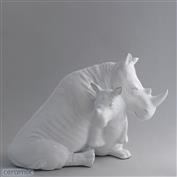 Rhino and Calf 32cm Long Terracotta clay Glazed White