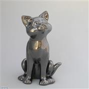 Dreamy Cat 22cm High Terracotta clay Glazed Crackle Silver