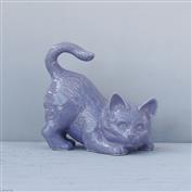Muffin Playing Cat White Clay glazed Purple 15cm Tall x 17cm Long x 9cm Wide
