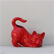 Muffin Playing Cat White Clay glazed Red Ink Blot 15cm Tall x 17cm Long x 9cm Wide