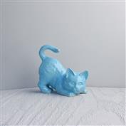 Muffin Playing Cat White Clay glazed Turquoise 15cm Tall x 17cm Long x 9cm Wide