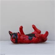 Oscar Lying on Back Cat White Clay glazed Red 9cm Tall x 20cm Long x 13cm Wide