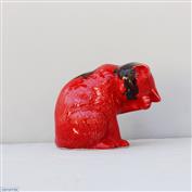 Poppy Preening Cat White Clay glazed Red Ink Blot 12cm Tall x 17cm Long x 9cm Wide