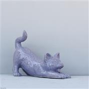 Sam Stretching Cat White Clay glazed Purple 15cm Tall x 21cm Long x 10cm Wide