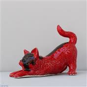 Sam Stretching Cat White Clay glazed Red 15cm Tall x 21cm Long x 10cm Wide