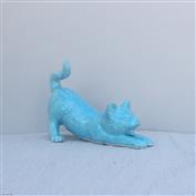 Sam Stretching Cat White Clay glazed Turquoise 15cm Tall x 21cm Long x 10cm Wide