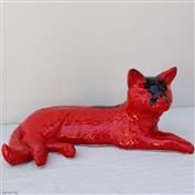 Sky Large Lying Cat White Clay glazed Red Ink Blot 17cm Tall x 40cm Long x 28cm Wide
