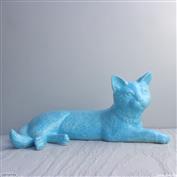 Sky Large Lying Cat White Clay glazed Turquoise 17cm Tall x 40cm Long x 28cm Wide